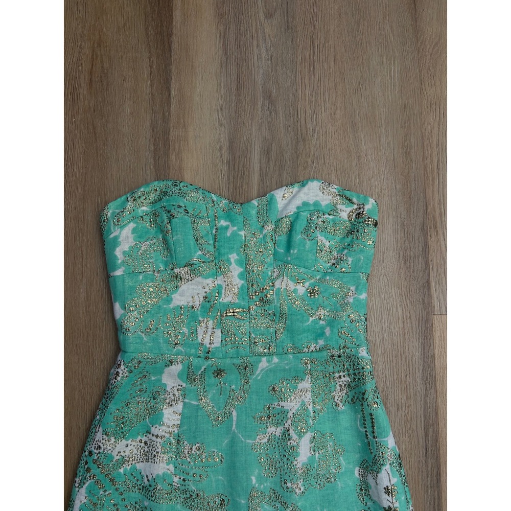 Vtg Milly New York Strapless Metallic Floral Brocade Cocktail Dress Green Gold 0 - Picture 4 of 9